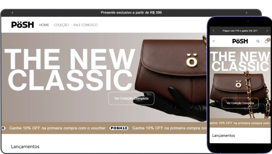E-commerce da PöSH Bags, marca de bolsas, desenvolvido em Shopify