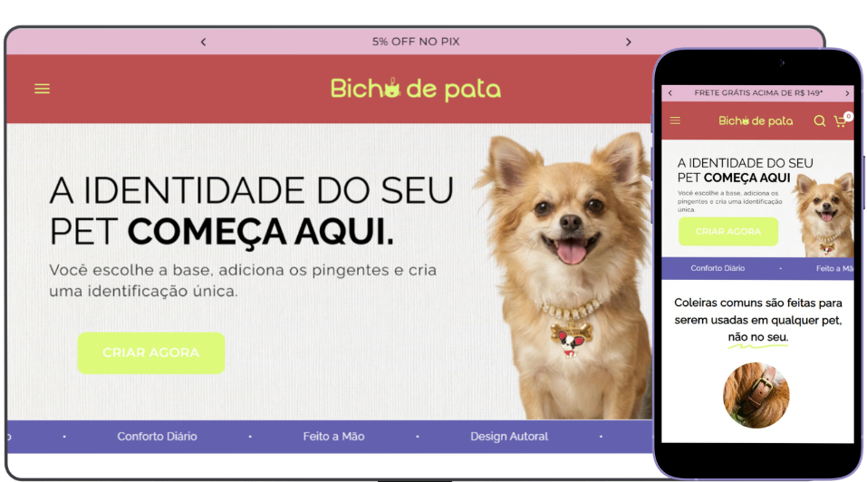 E-commerce da Bicho de Pata, marca de produtos para pets, desenvolvido em Shopify