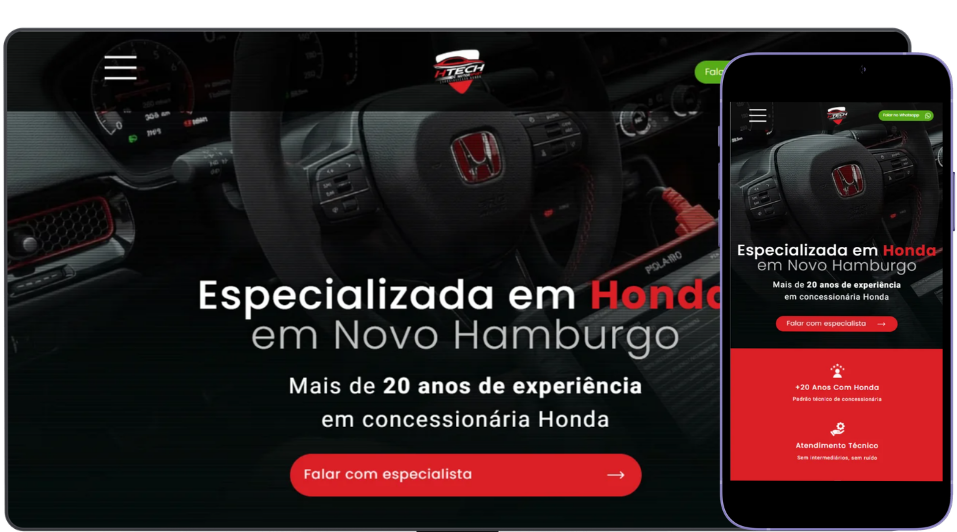 Site da H-Tech Motorsport, oficina especializada em Honda, desenvolvido em Wix